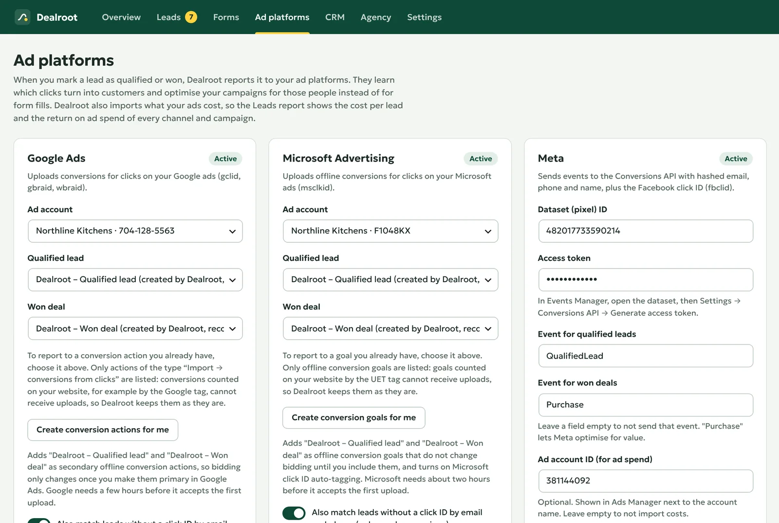Ad platforms: Google Ads, Microsoft Advertising and Meta, with a test conversion to check the setup.