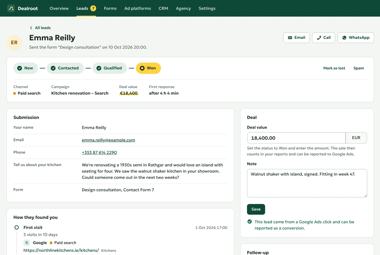 A lead: Every visit, page and ad click before the enquiry, with the device and what the click cost.