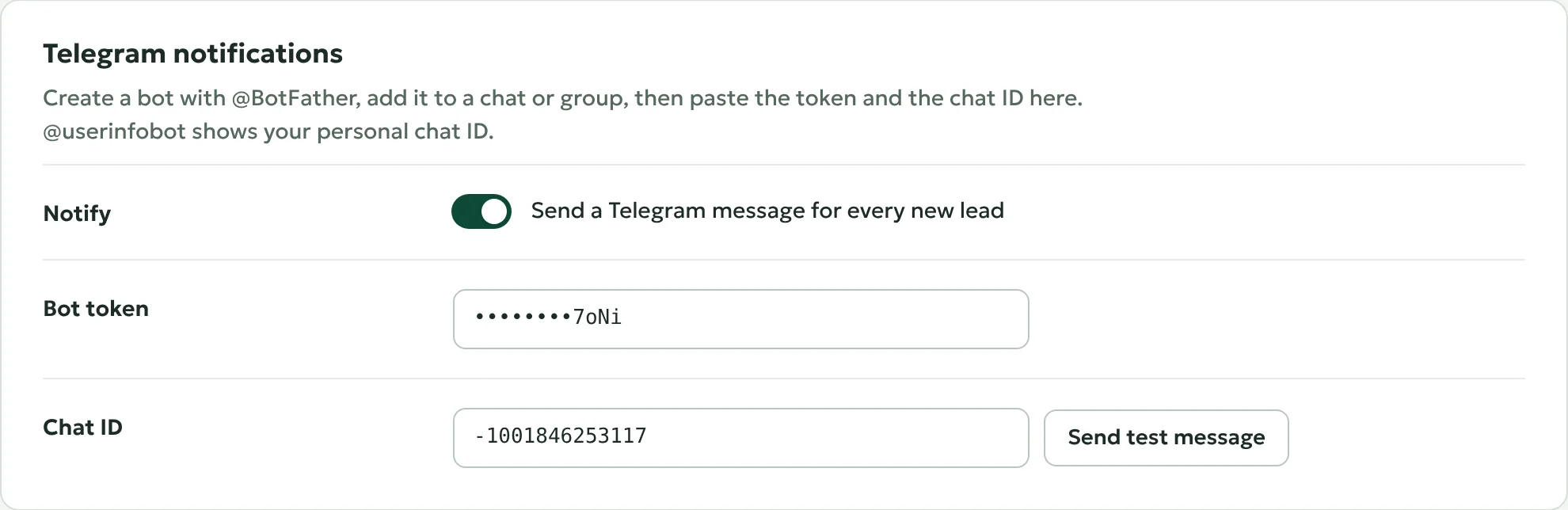 Telegram notifications under Leads → Settings.