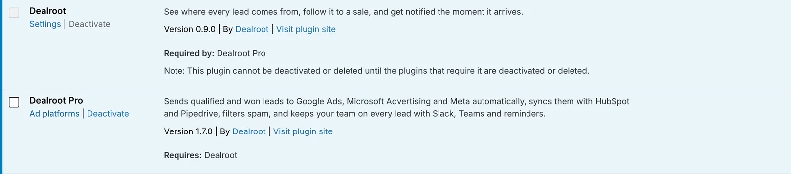 Dealroot and Dealroot Pro in the list of plugins after activation.
