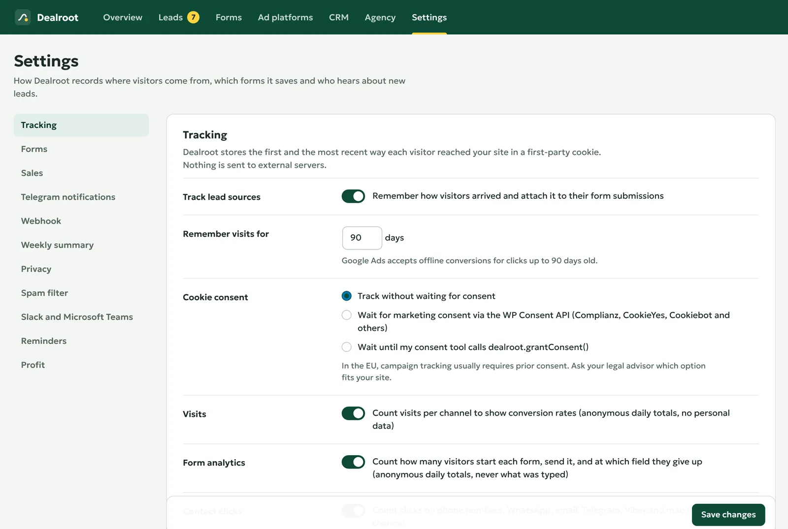 Leads → Settings, where the cookie consent is chosen.